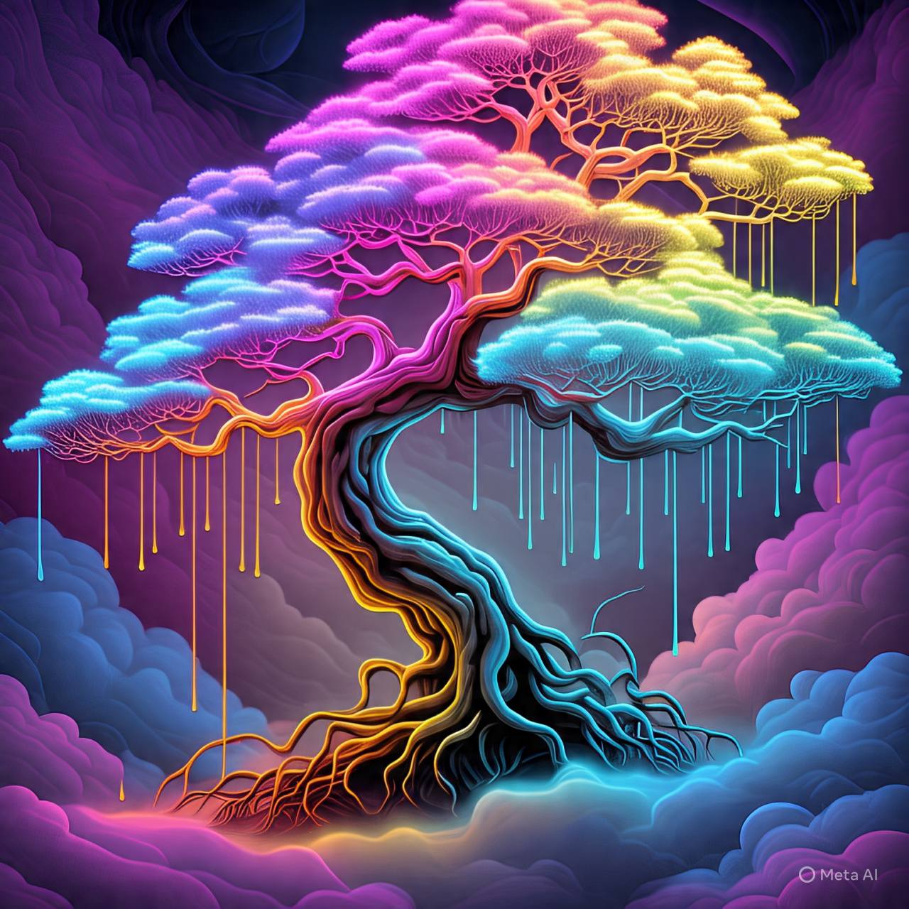 Glowing rainbow fractal tree surrounded by colorful clouds on a dark purple background