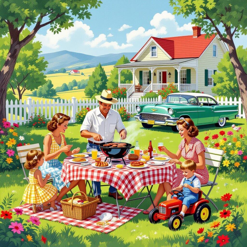 Family having a barbecue picnic in a sunny backyard with vintage car and house