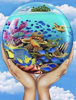 Illustration of hands holding a glass-like globe with coral reef fish and a sea turtle inside