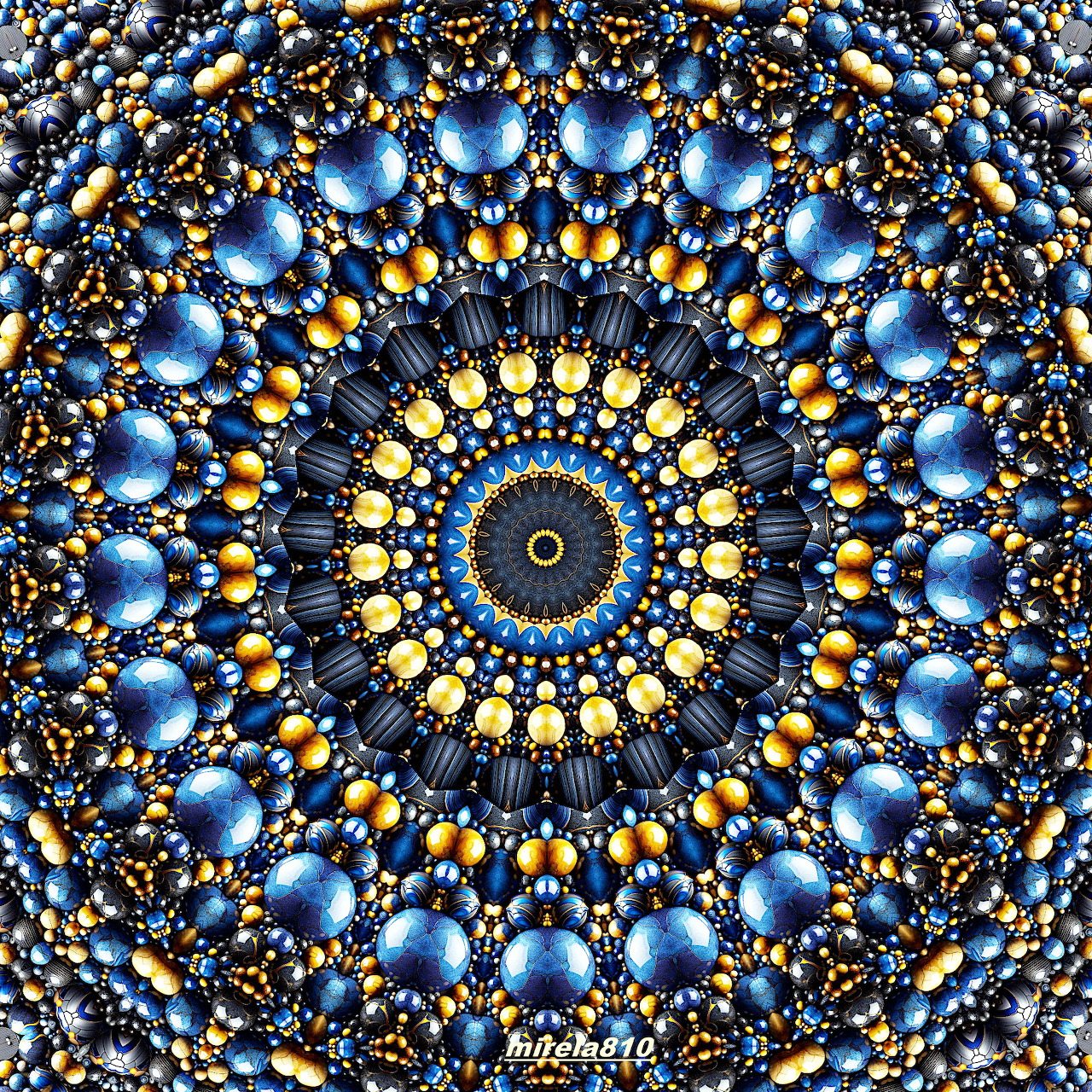 Circular mandala with concentric rings of blue spheres, golden accents, and black geometric patterns radiating from center