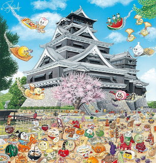 Illustrated Kumamoto Castle with blooming cherry trees and cartoon characters in foreground under bright blue sky