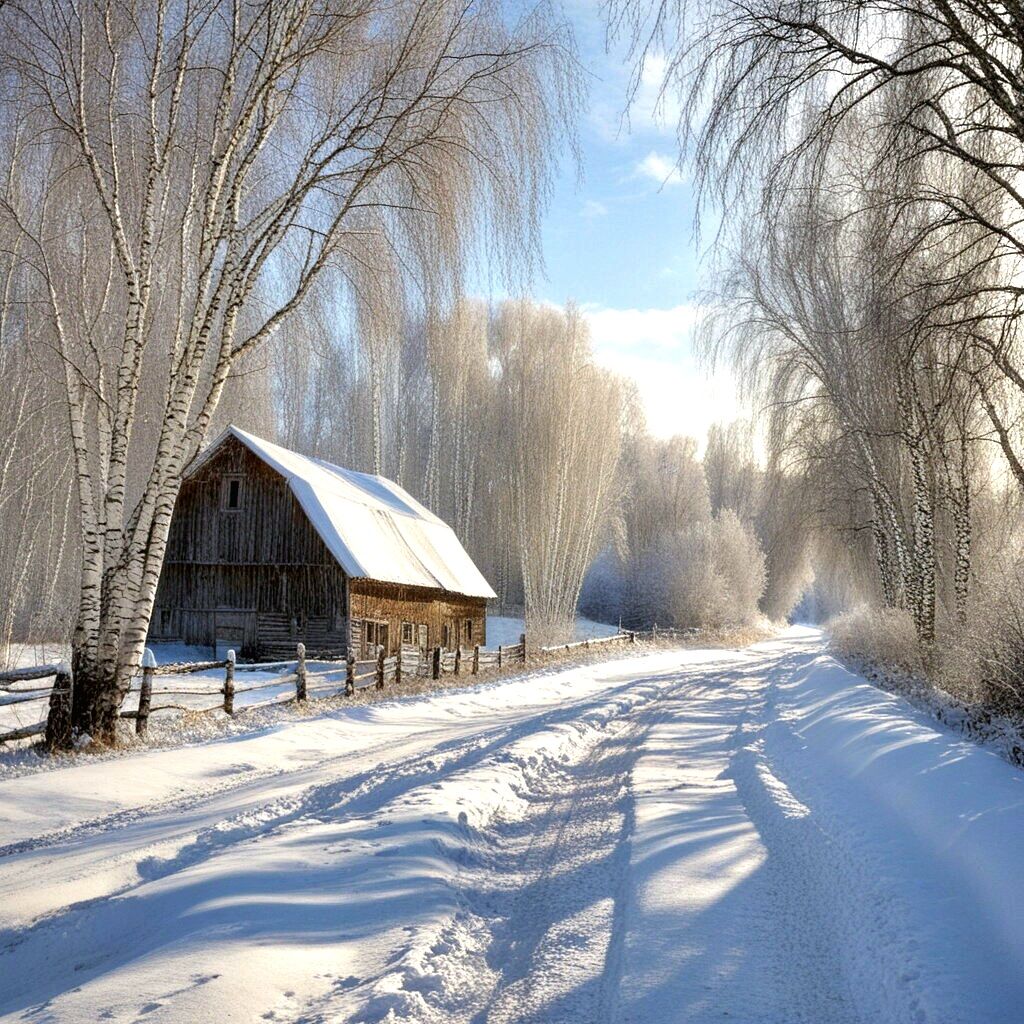 Snow-covered barn with frosted trees lining a winter path under blue sky