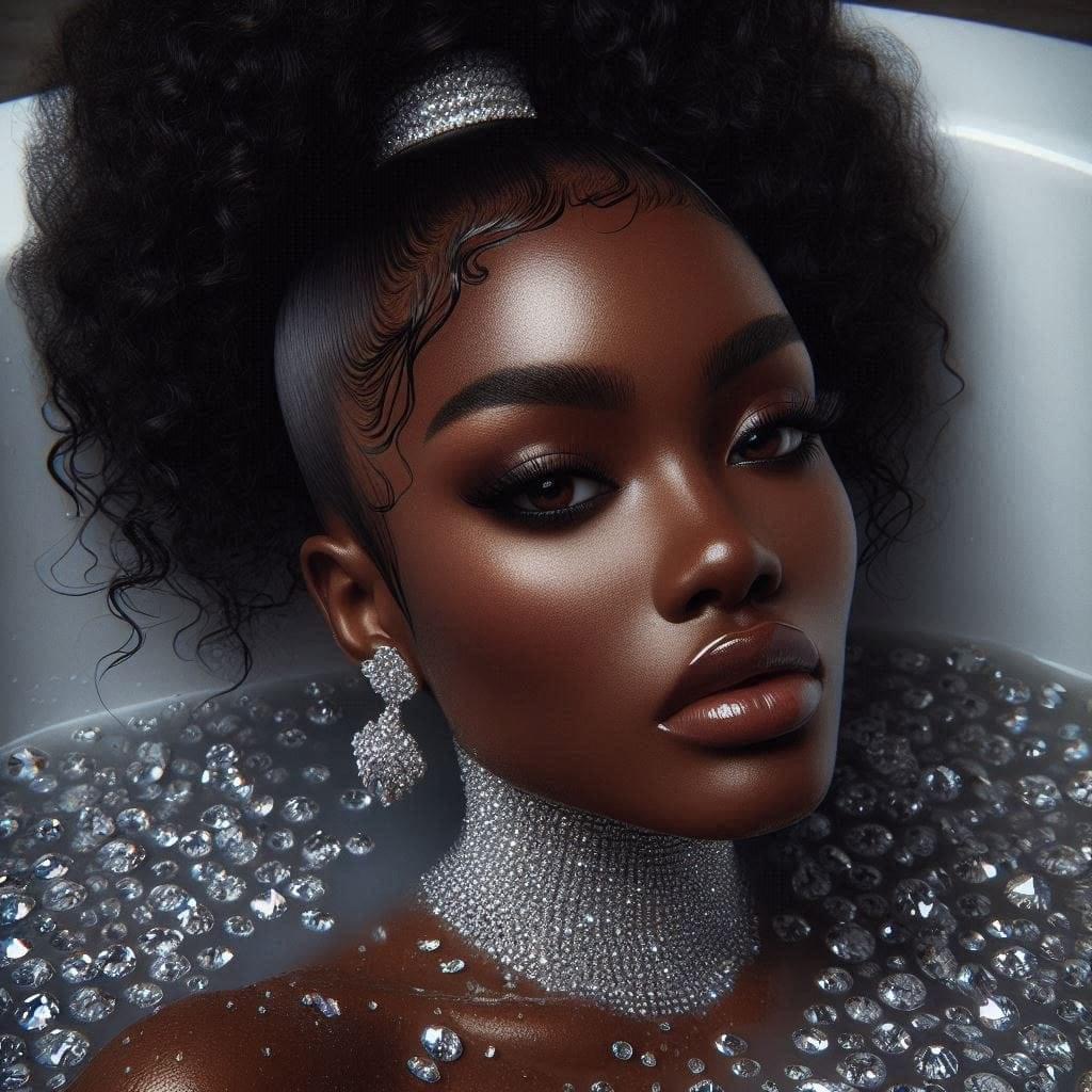 Close-up portrait of a glamorous woman wearing a sparkling choker, earrings, and silver beaded clothing