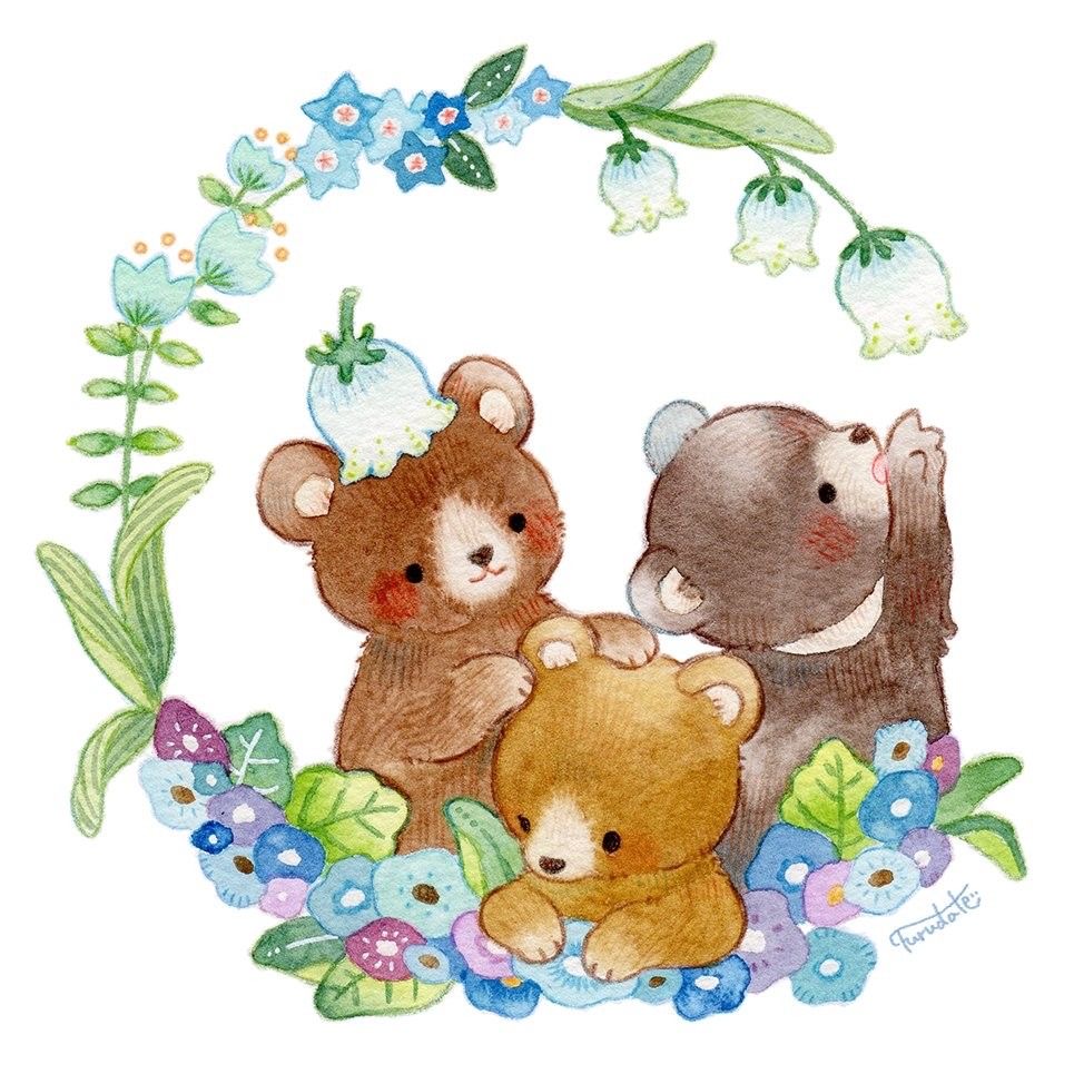 Three cute bears inside a circular wreath of blue and white flowers