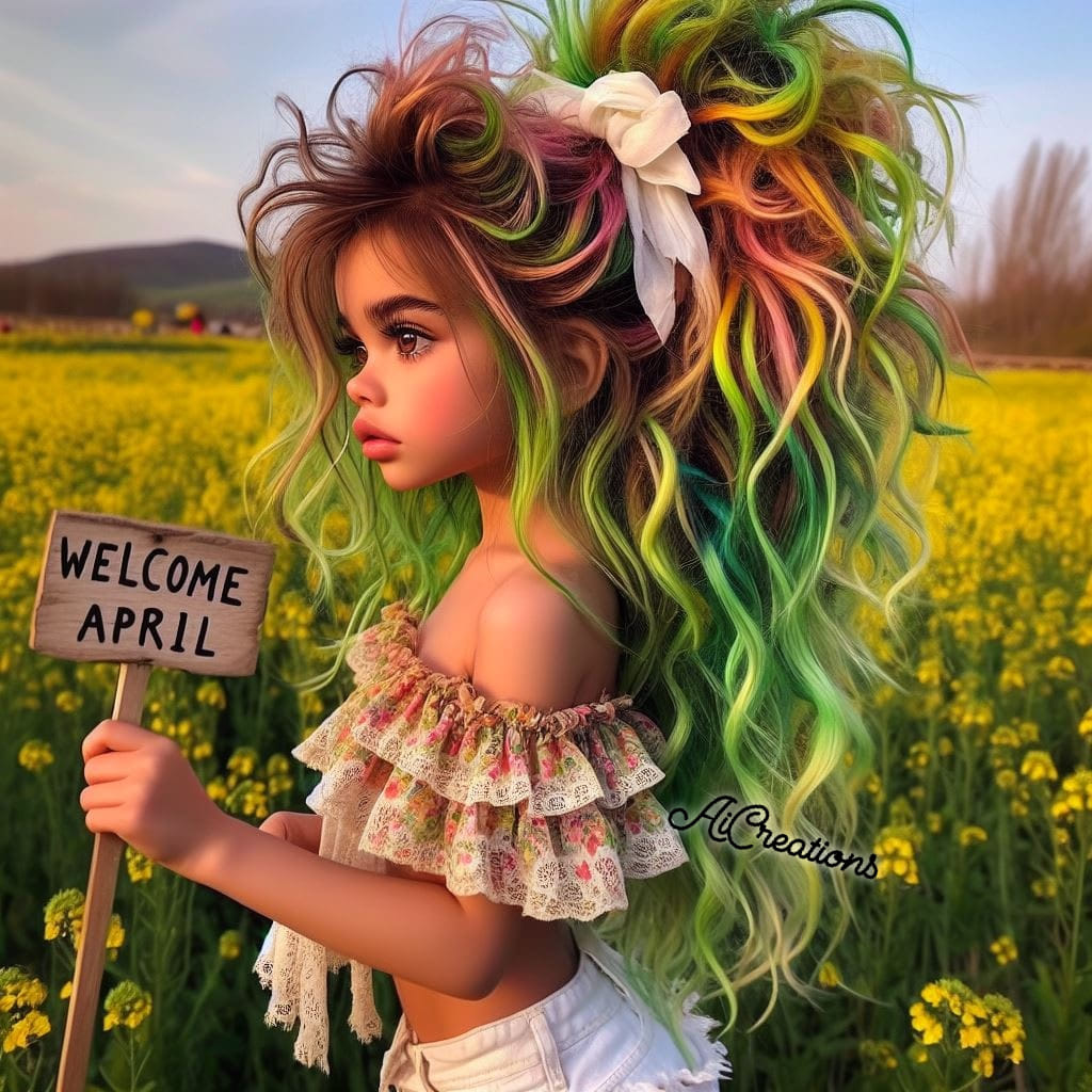 Animated girl with colorful rainbow hair in yellow flower field holding Welcome April sign