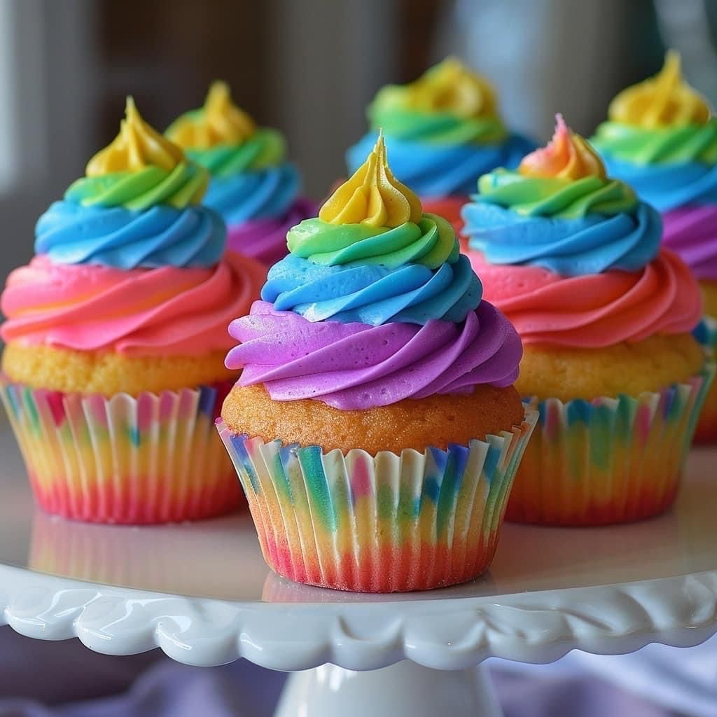 Five rainbow cupcakes with swirled colorful frosting on a white cake stand