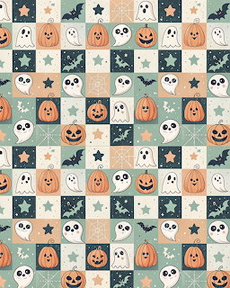 Repeating Halloween patchwork pattern with pumpkins, ghosts, bats, and stars in pastel squares