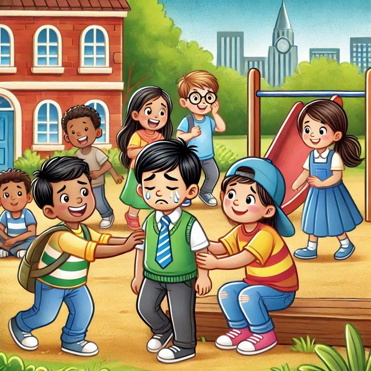 Cartoon children playing together in a school playground with red brick building and city skyline behind them