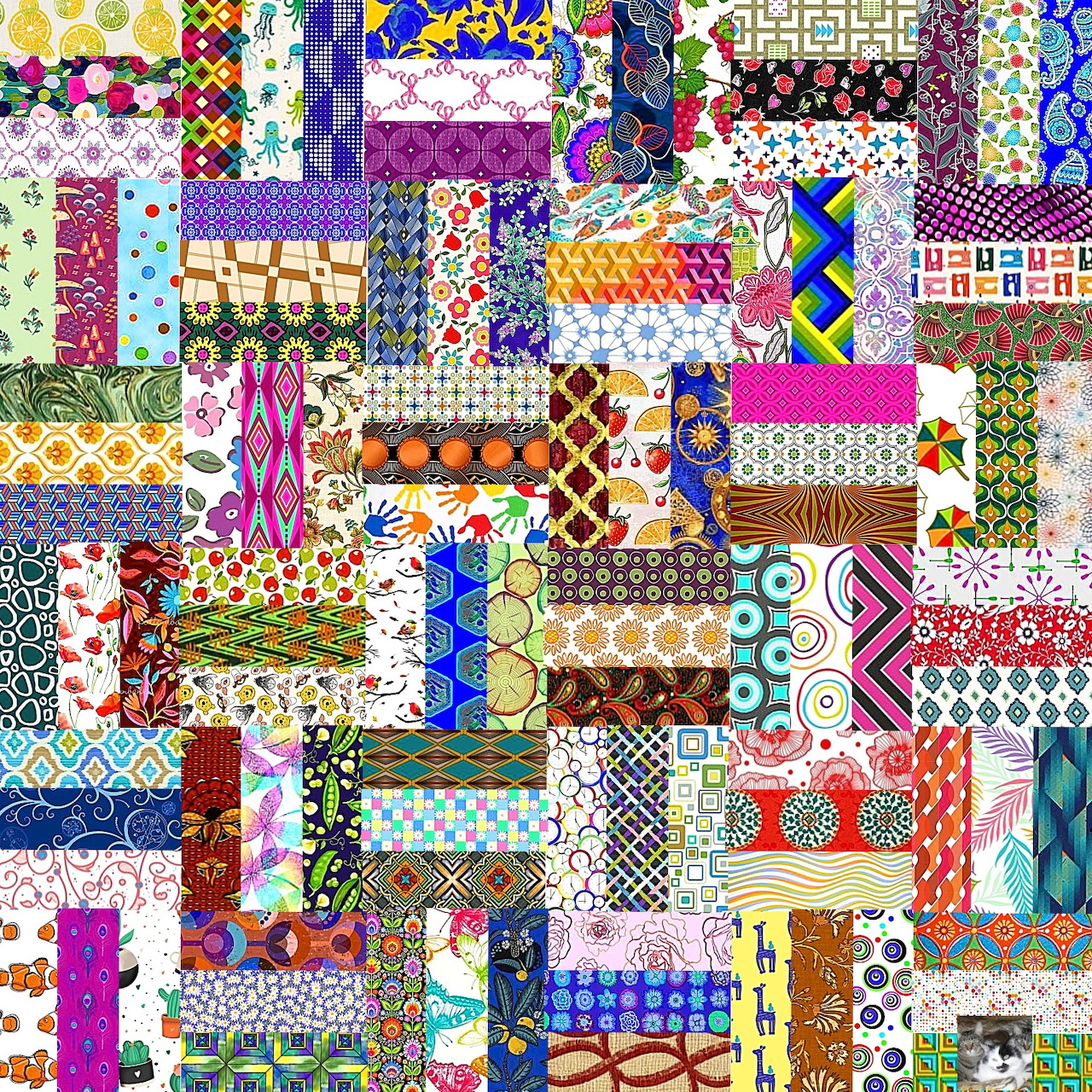 Dense patchwork grid of colorful geometric patterns, florals, tiles, and abstract designs in various styles