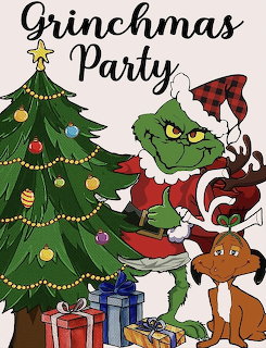 Grinch in Santa outfit with dog Max and reindeer next to decorated Christmas tree and gifts