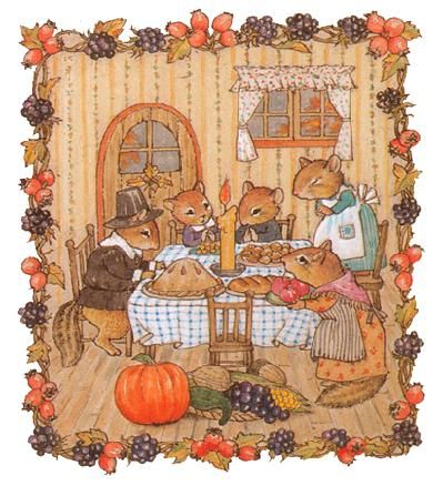 Fox family in clothing sharing Thanksgiving meal at table with pumpkins and fall decorations