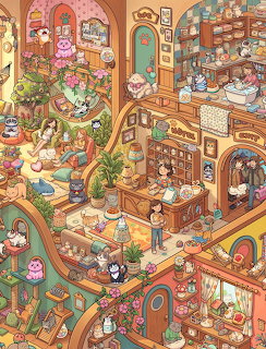 Detailed cartoon toy shop interior with multiple levels, shelves of toys, and many characters shopping