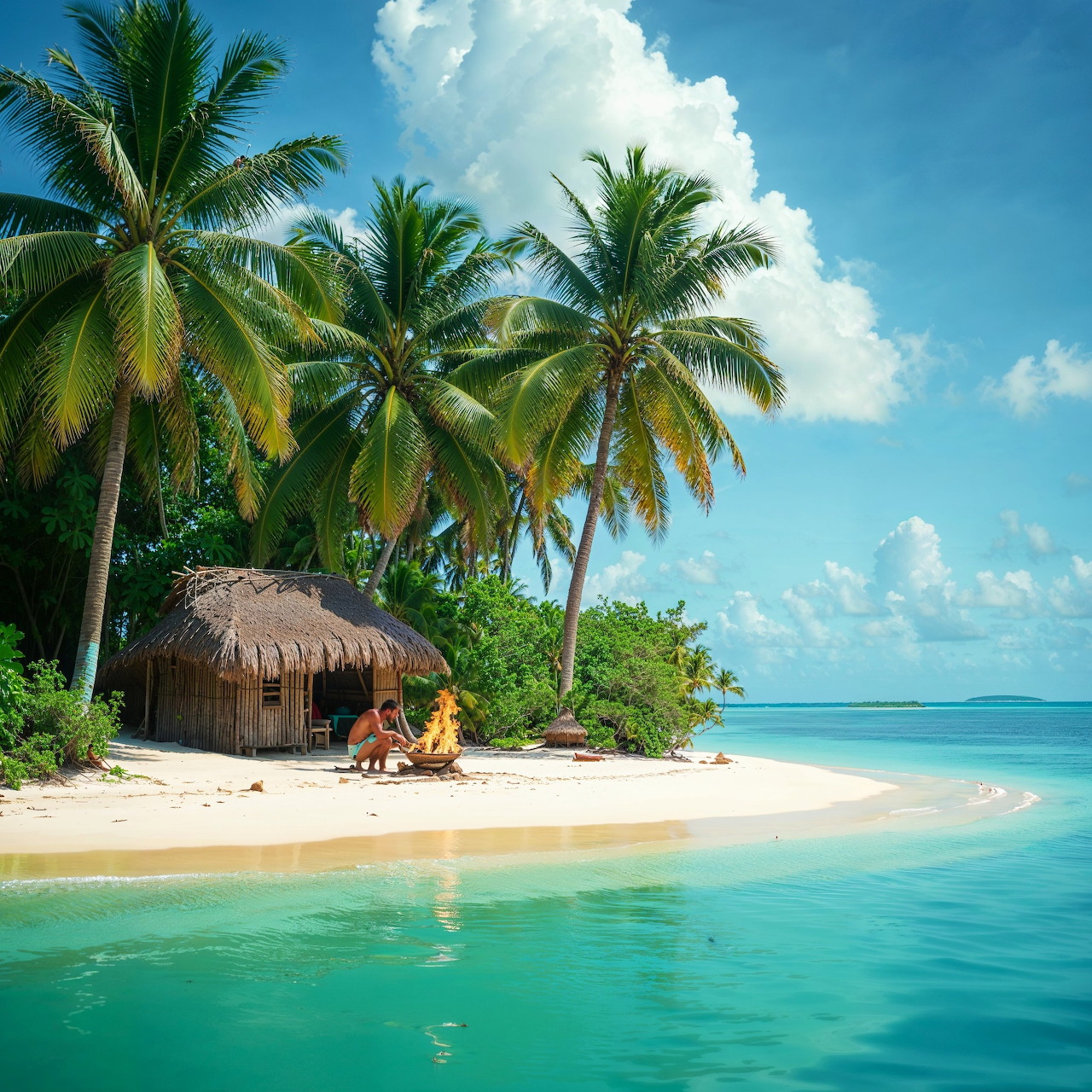 Thatched hut on tropical island beach with palm trees and turquoise water