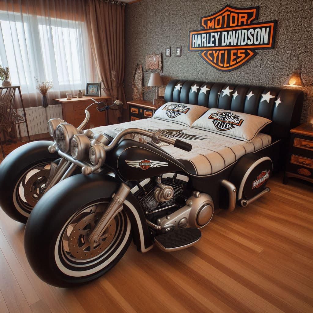 Motorcycle-shaped bed in a Harley Davidson themed bedroom with wooden floor and wall logo