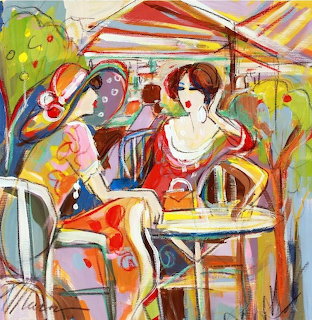 Colorful impressionist painting of people at outdoor cafe tables with umbrellas and bold brushstrokes