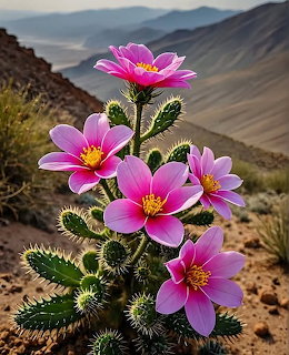 Pink flowers on desert cactus with mountains behind