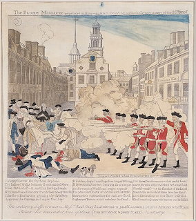 Paul Revere's 1770 engraving of the Boston Massacre, British soldiers firing on American colonists