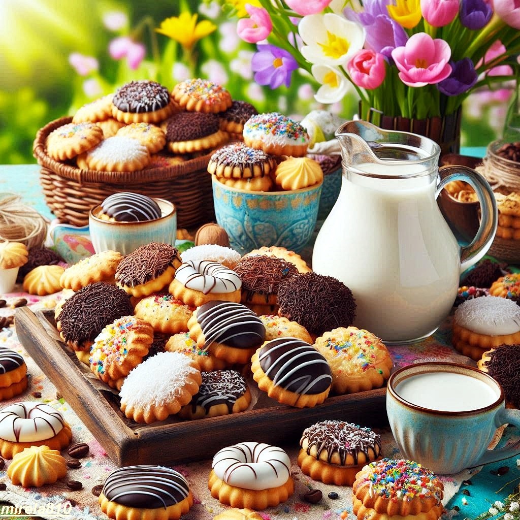 Variety of glazed donuts, chocolate treats, and muffins arranged on rustic wooden boards with milk and spring flowers