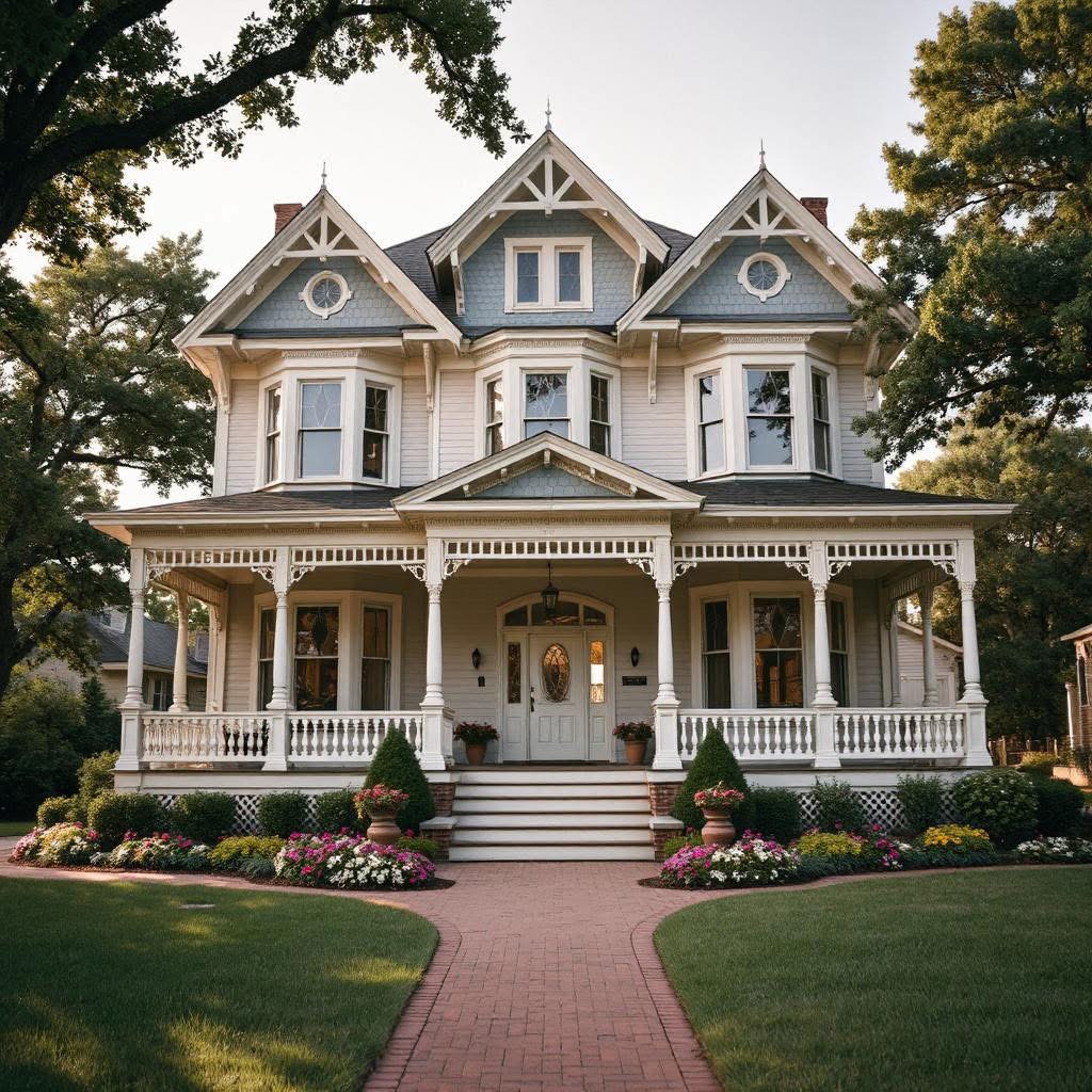 Large Victorian mansion with ornate gables, wraparound porch, white trim, and landscaped front yard