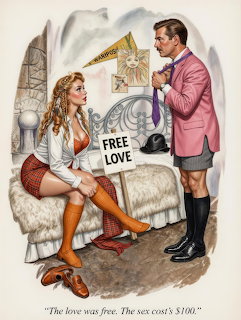 Humorous pin-up illustration of a woman in lingerie and a man in a pink jacket with a Free Love sign