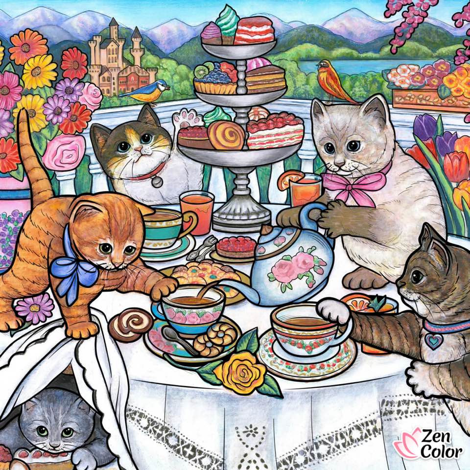 Colorful illustration of kittens having tea at a table with cake, teacups, flowers, and a teapot