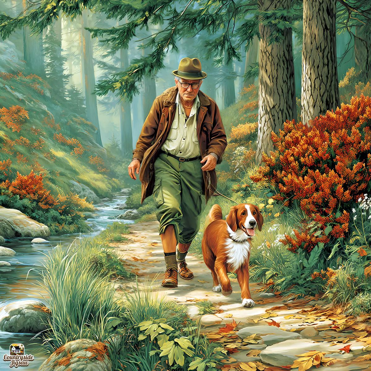 Man in hat and vest walking with corgi dog on forest path beside stream with autumn colors