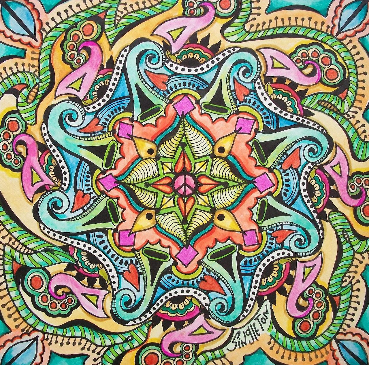 Colorful symmetrical mandala with dolphins and floral patterns in turquoise, pink, yellow and green