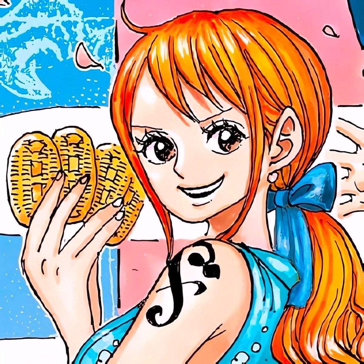 Anime character Nami from ONE PIECE smiling and holding an orange with blue background