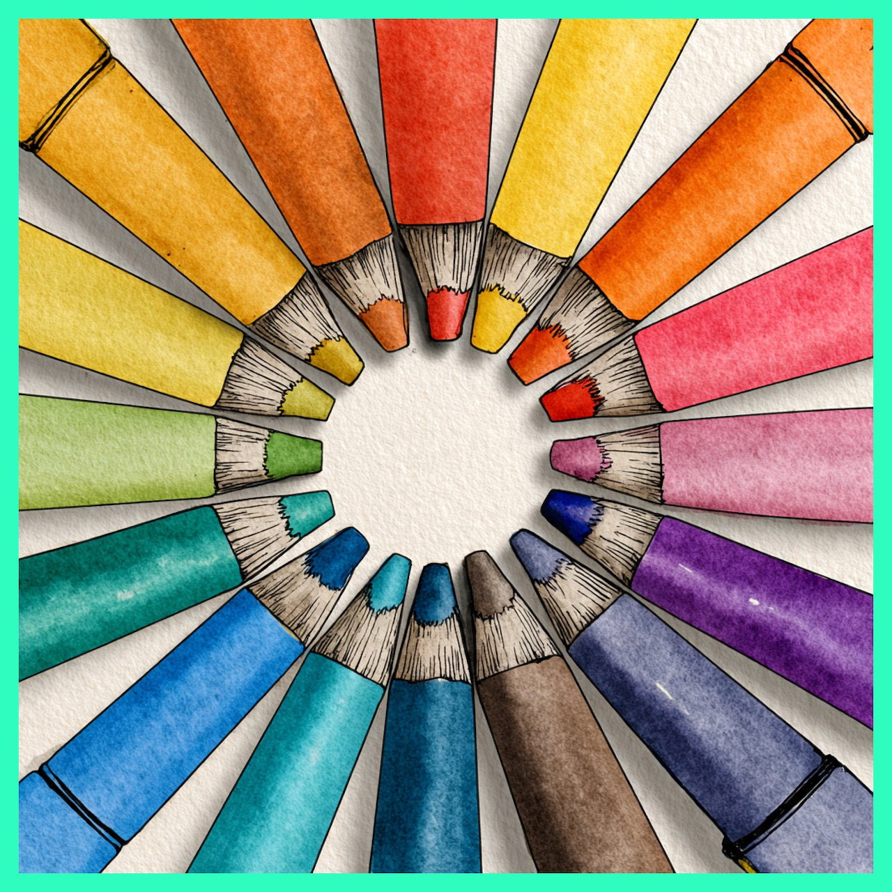 Colored pencils arranged in a circular pattern showing rainbow spectrum of colors