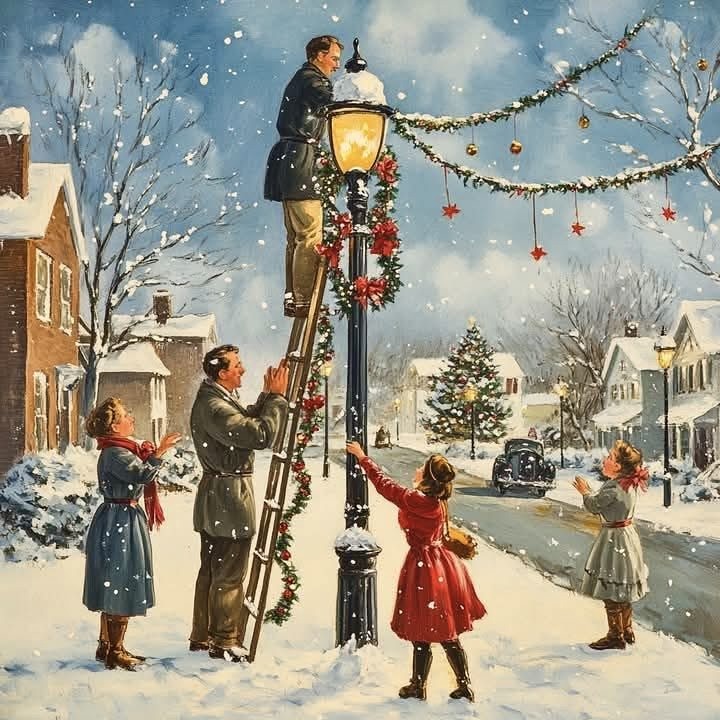 Children decorating a vintage street lamp with Christmas garland in a snowy neighborhood with houses and falling snow