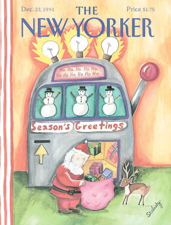 New Yorker cover illustration of Santa playing a Season's Greetings slot machine with snowmen and lightbulbs
