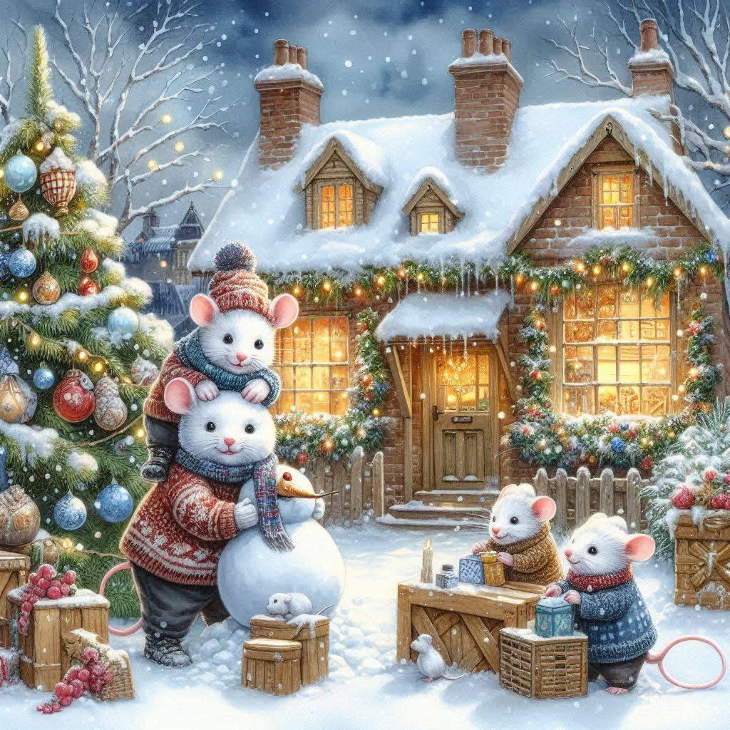 Illustrated winter cottage with snow, Christmas decorations, tree, and mice characters building snowmen in snowy yard