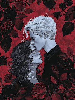 Two faces in profile against red and black roses, dramatic romantic illustration