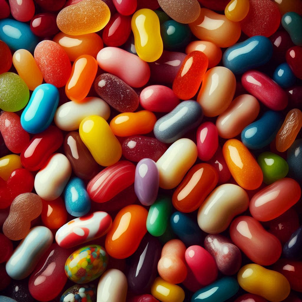 Overhead view of multicolored jellybeans scattered on dark background