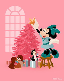 Minnie Mouse decorating pink Christmas tree with cat and dog nearby, gifts on floor