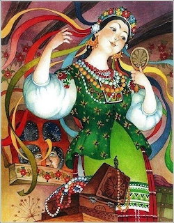 Illustration of a woman in traditional Ukrainian dress holding a mirror with ribbons and jewelry chest
