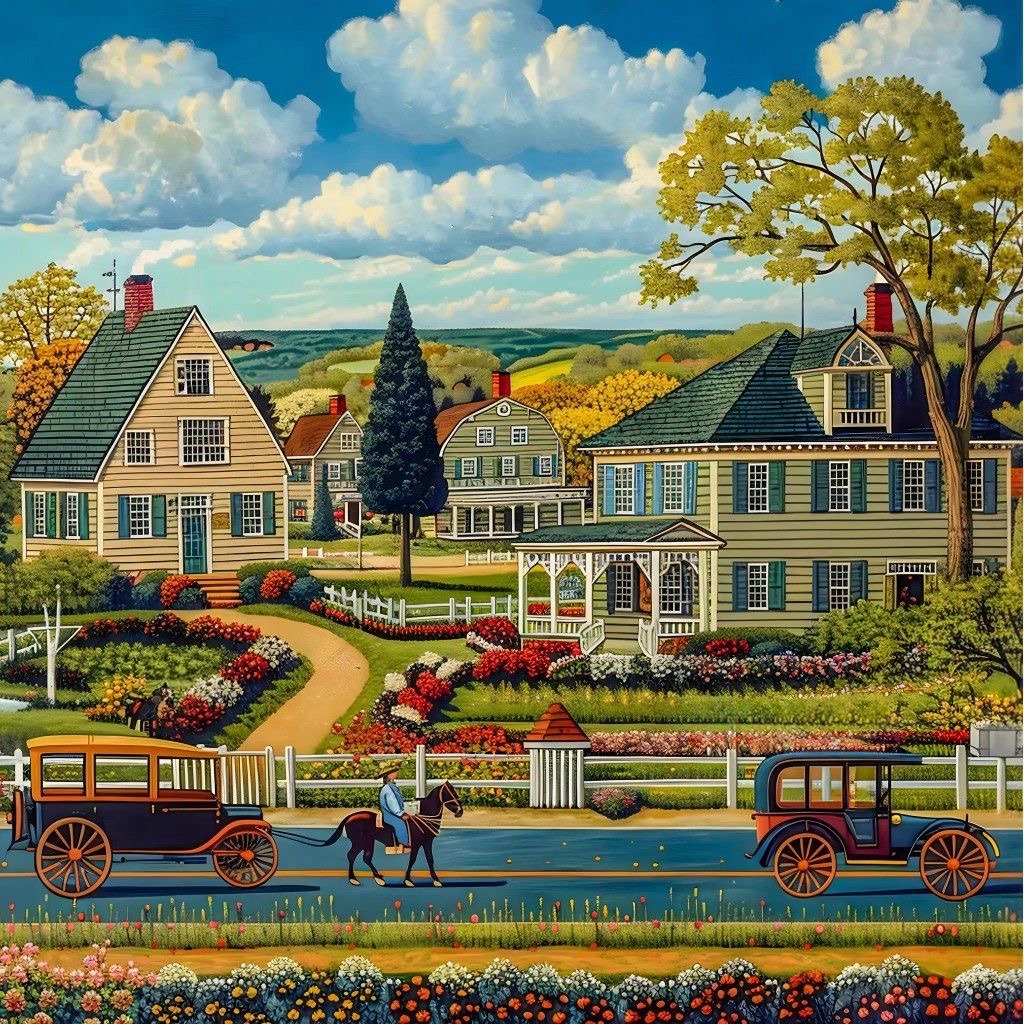 Folk art illustration of colonial estate with vintage cars, gardens, and rolling hills under blue sky