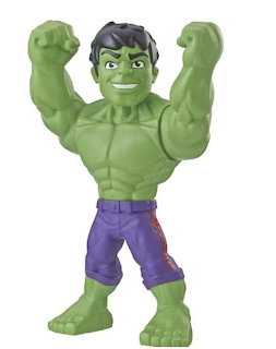 Green Hulk cartoon-style action figure toy with fists raised and purple shorts