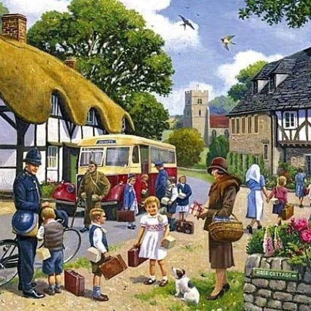 Painted village scene with thatched cottages, yellow bus, people in period clothing, church tower, trees and flowers