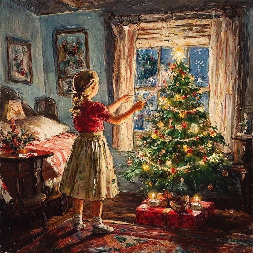 Girl in red dress decorating lit Christmas tree in cozy bedroom with presents and snowy window view