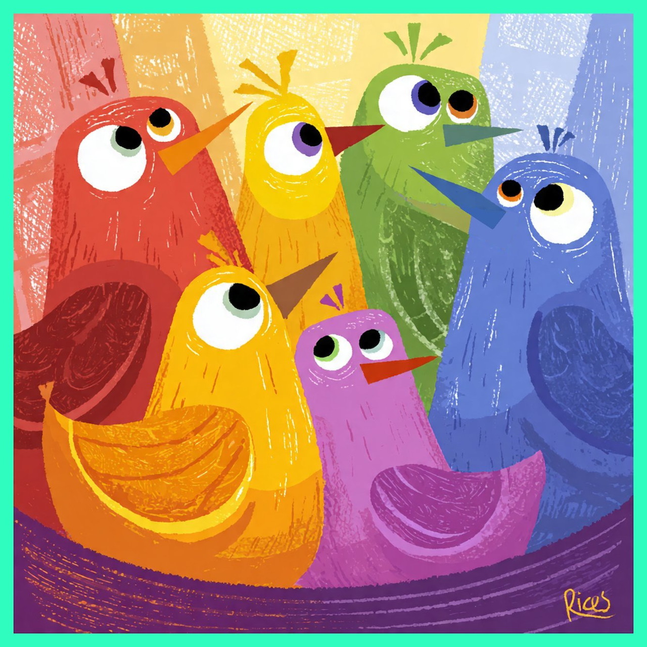 Seven colorful cartoon birds with big eyes crowded in a purple boat