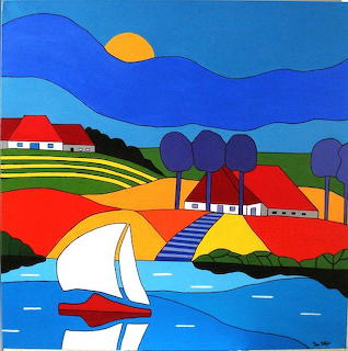 Colorful illustration of sailboat on water with hills, trees, and houses under blue sky