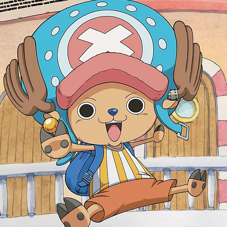 Cartoon reindeer character Chopper with blue hat and pink hat band sitting happily on wooden ship deck