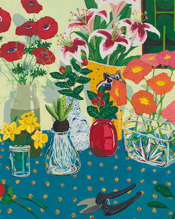 Painting of colorful flowers in various vases on green dotted table with floral background