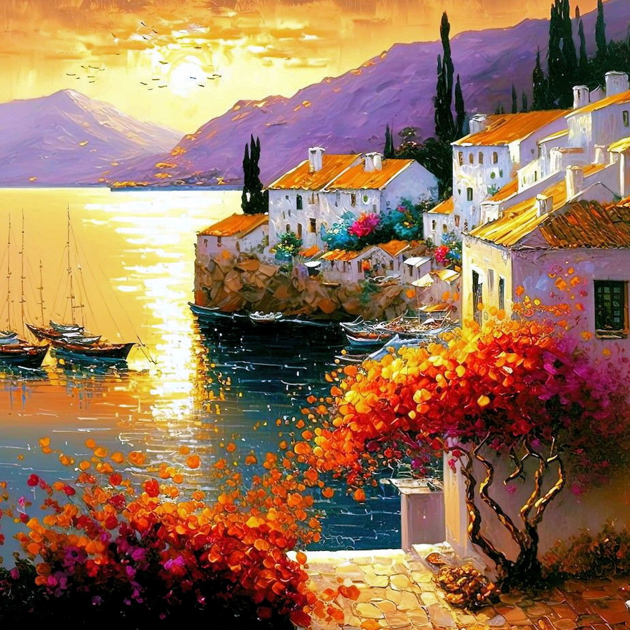 Painting of Mediterranean village with orange flowers, boats on water, and golden sunset