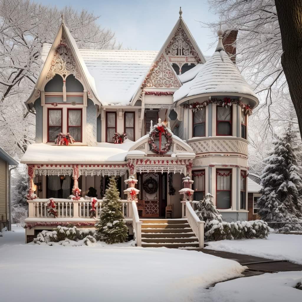 Snowy Victorian house decorated for Christmas with wreaths, bows, and a front porch