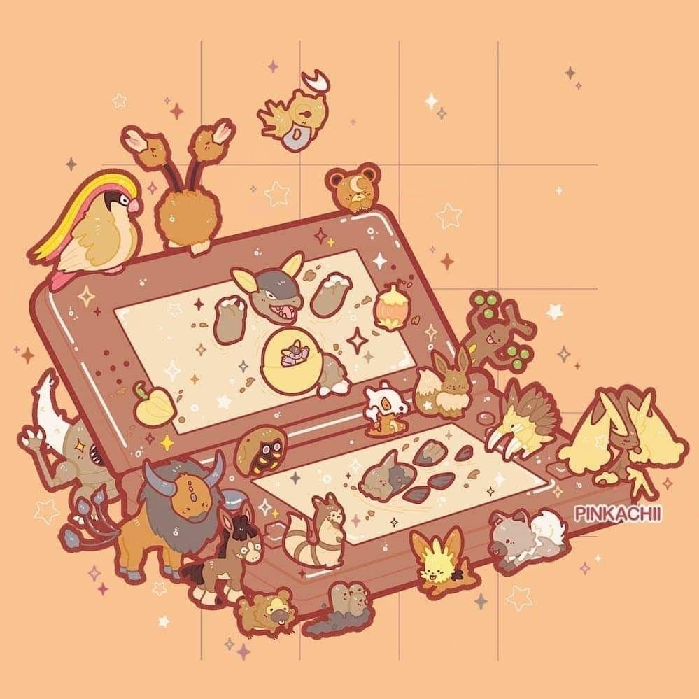 Cute Pokemon illustration showing Eevee evolutions around a treasure chest with evolution stones