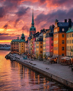 Colorful waterfront buildings in Stockholm at sunset with reflections on calm water