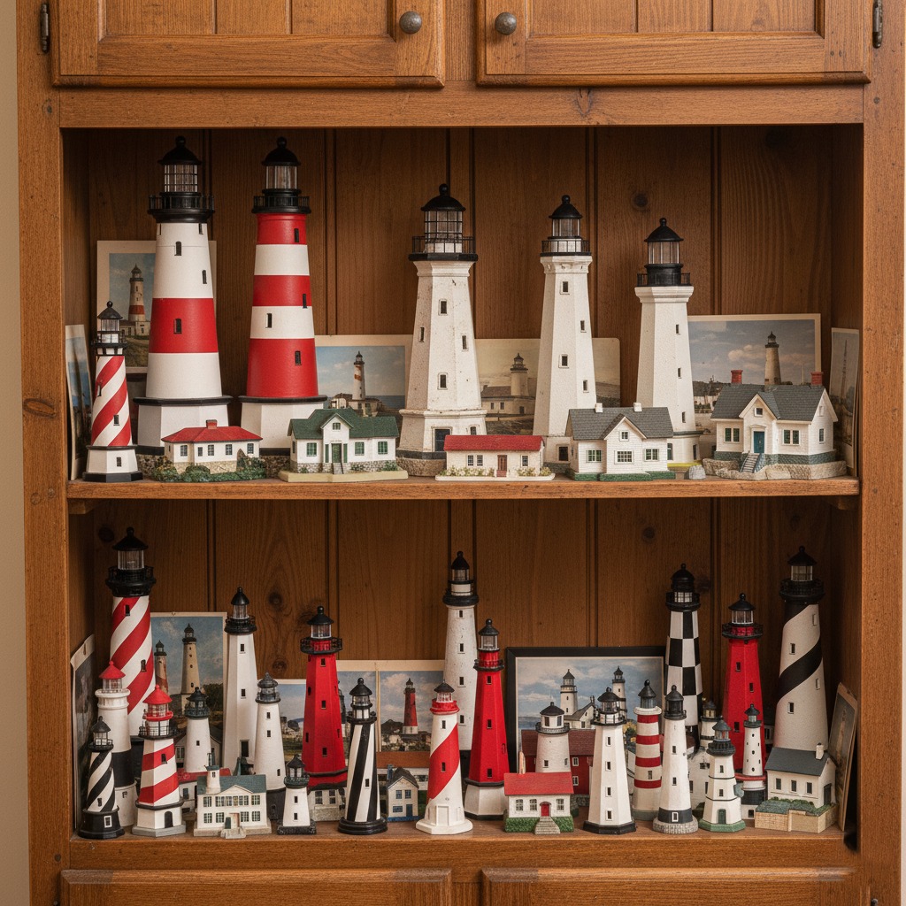 Collection of miniature lighthouse models displayed on wooden shelves