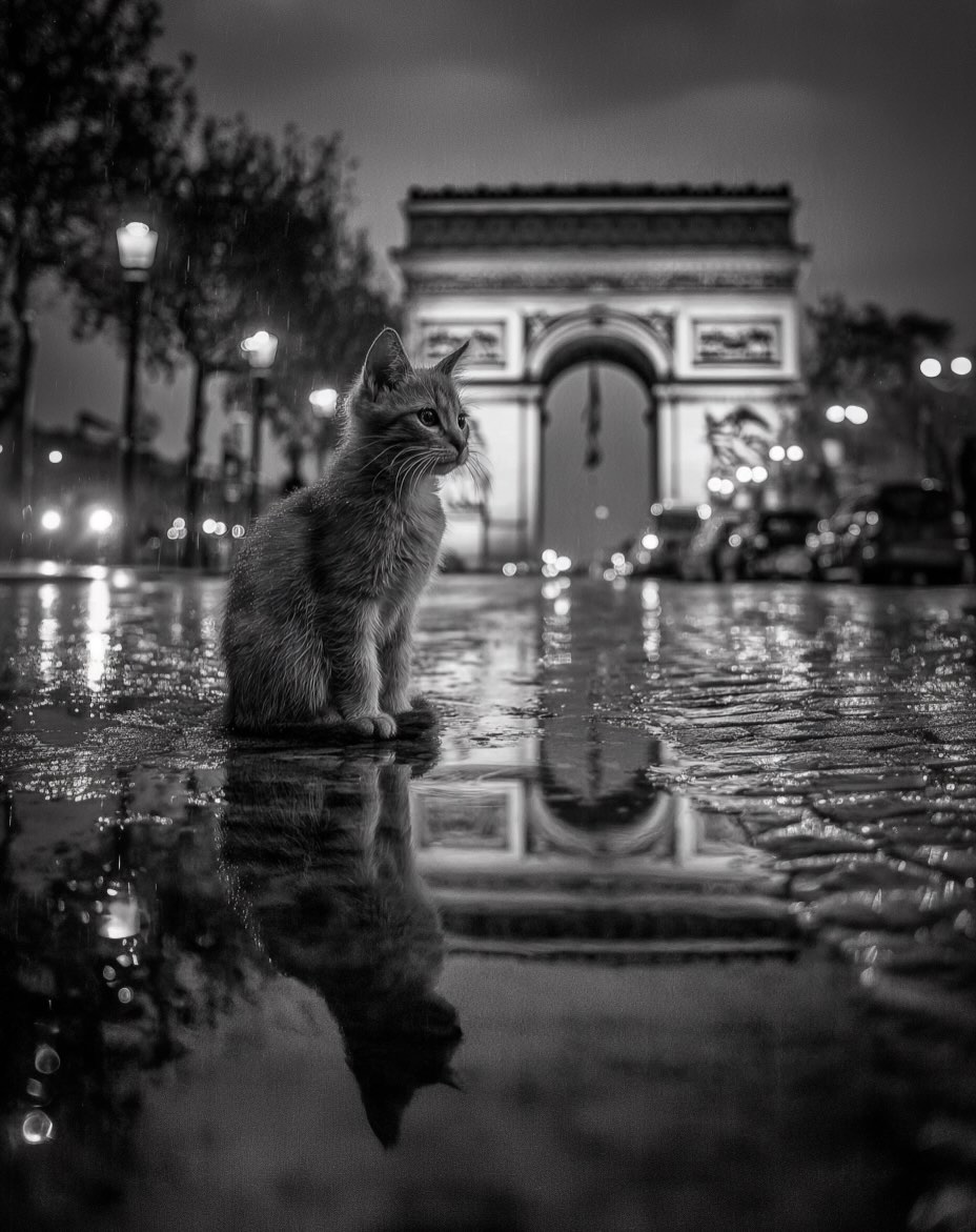 Black-and-white cat on a wet street with the Arc de Triomphe in the background